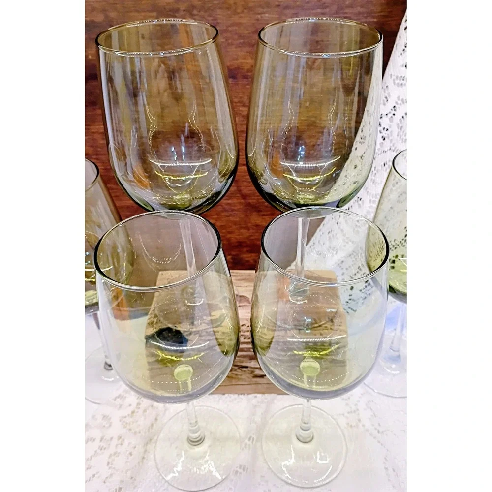 Set of 6 Olive Green Tinted Wine Glasses Long Stem Clear Base 9 Inch 2.75 Rim